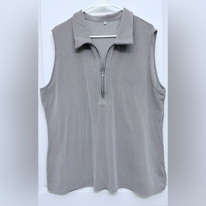 Gray Cream Ribbed Quarter Polo Zip Tank Top XL Sleeveless Knit Casual
